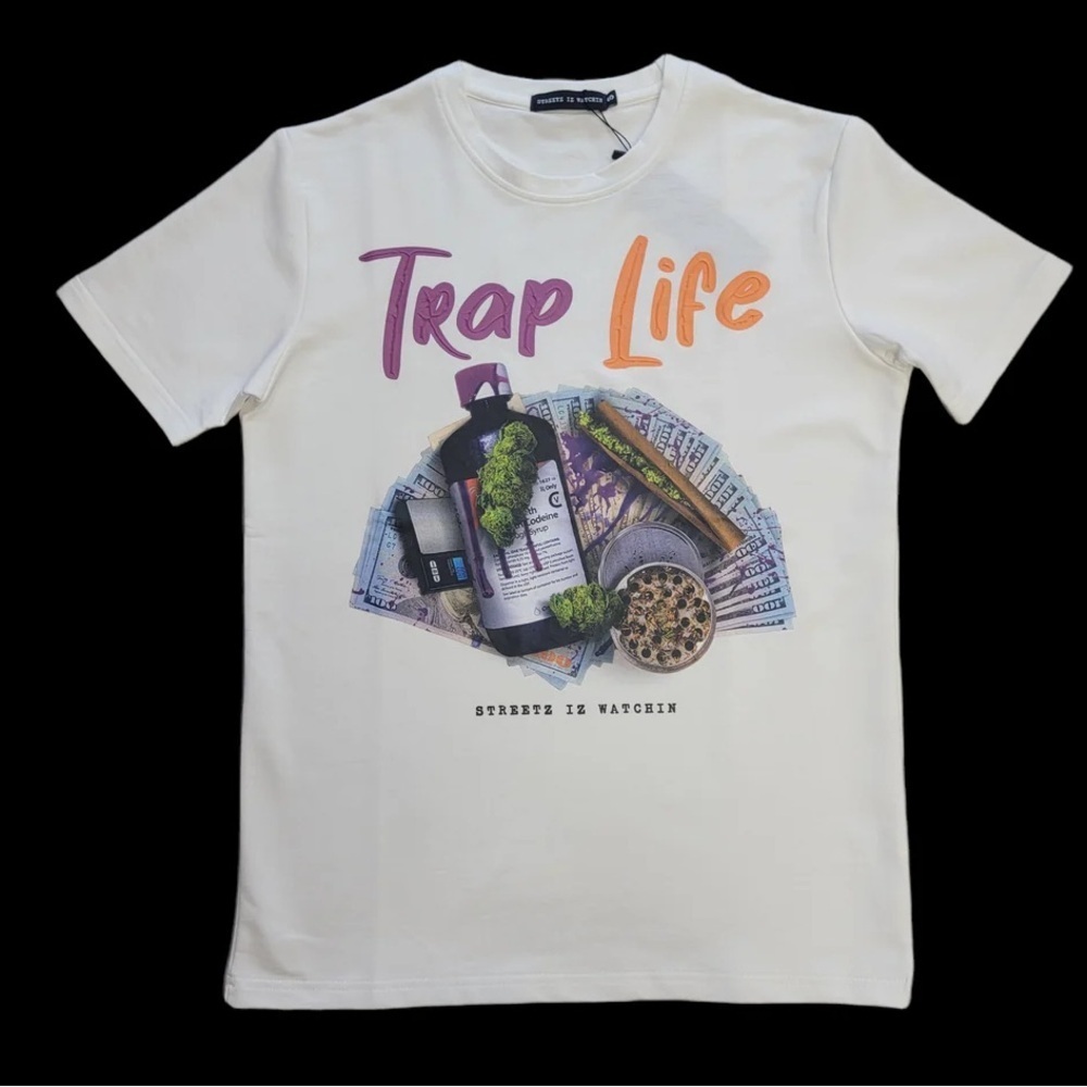 Sz 3XL Trap Life Graphic T-Shirt - White